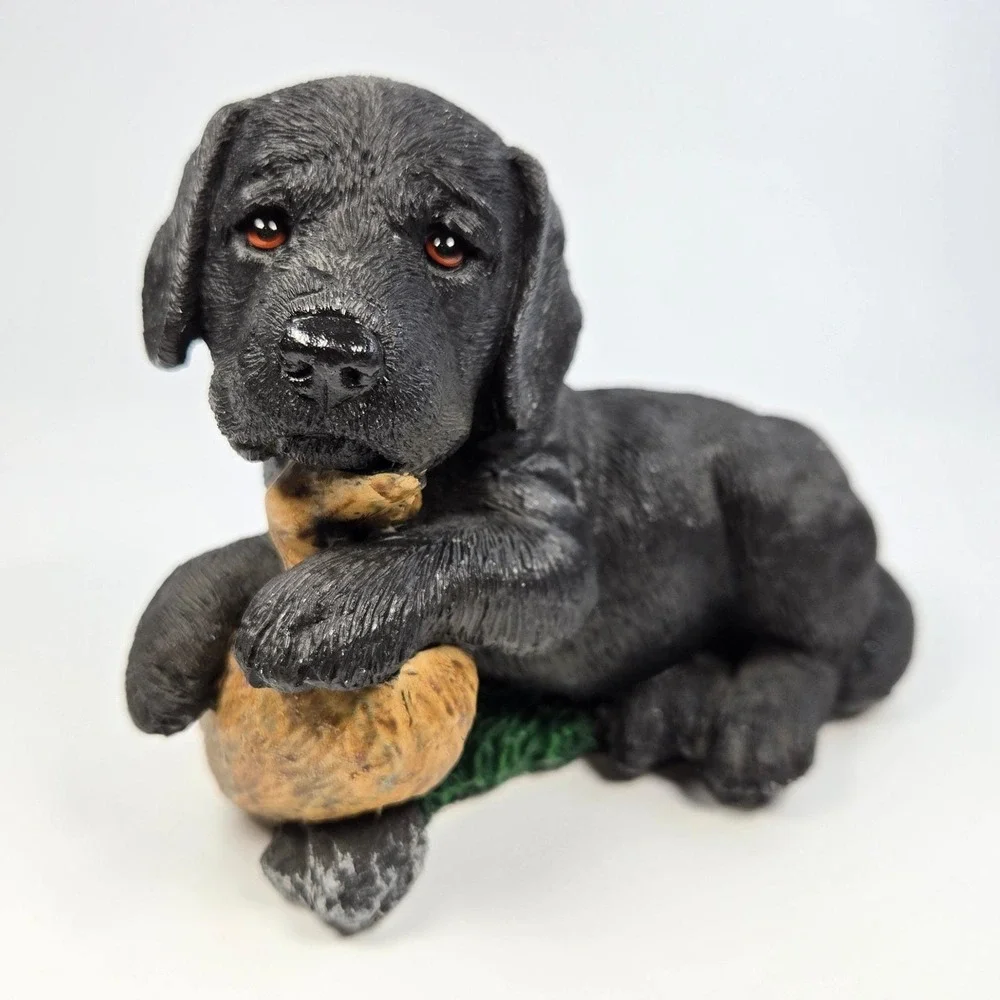 Vintage Living Stone Black Lab Hunting Dog Puppy Figurine with Duck Decoy 1996